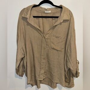 Oversized Button Down Blouse – Beige Linen Look – Size L